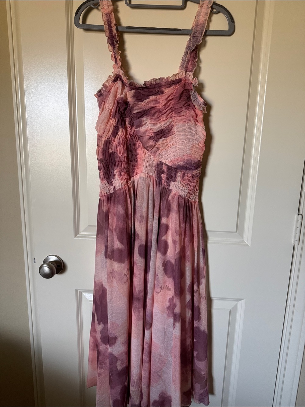 Free People Pink and Mauve Smocked & Ruffled Midi Dress